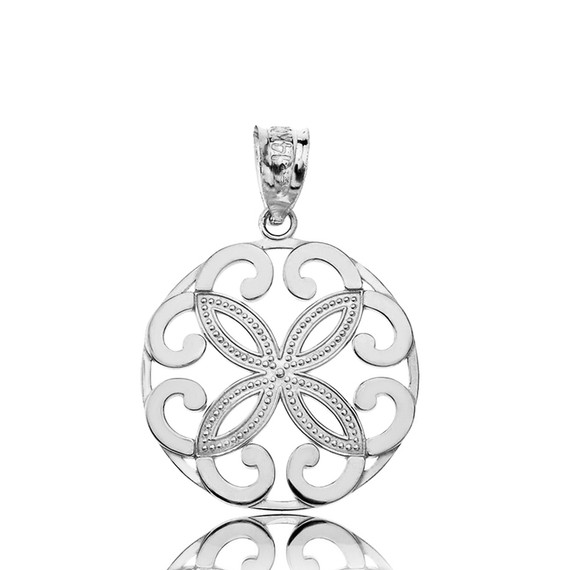 Solid White Gold Openwork Floral Design  Four Petal Flower Round Pendant