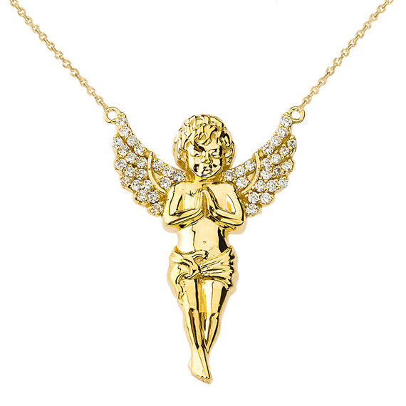 14K Yellow Gold Praying Cherub Angel Pendant Necklace