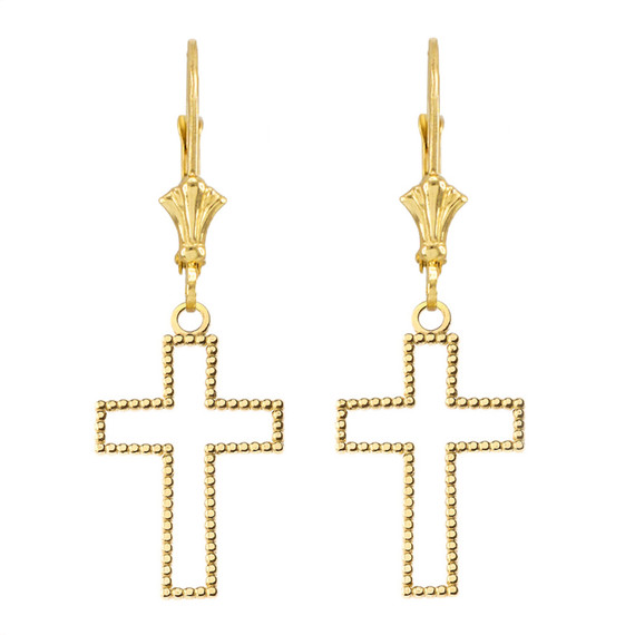 Two Sided Beaded Open Cross Earrings(Available in Yellow/Rose/White Gold)