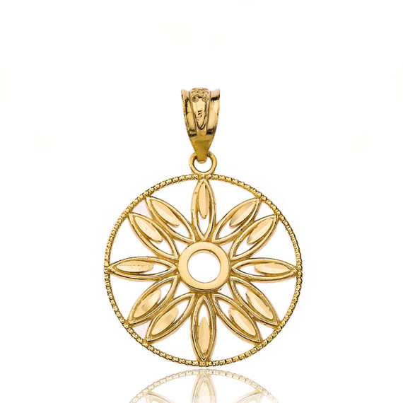 Solid Yellow Gold Sparkle Cut Floral Design Round Pendant Necklace