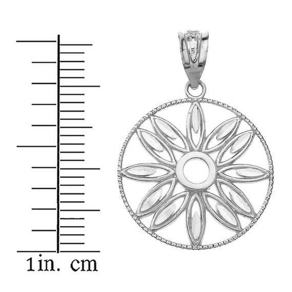 .925 Sterling Silver Sparkle Cut Floral Design Round Pendant Necklace
