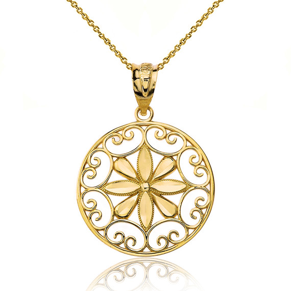 Solid Yellow Gold Sparkle Cut Floral Swirl Design Round Pendant Necklace