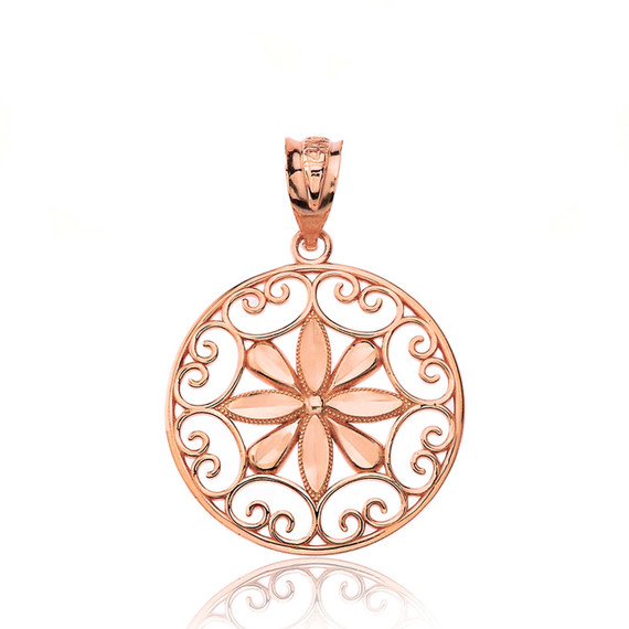 Solid Yellow Gold Sparkle Cut Floral Swirl Design Round Pendant Necklace