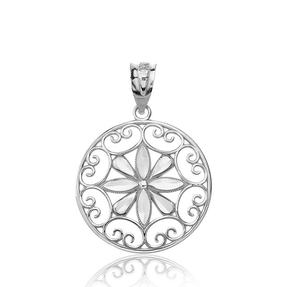 Sterling Silver Sparkle Cut Floral Swirl Design Round Pendant Necklace