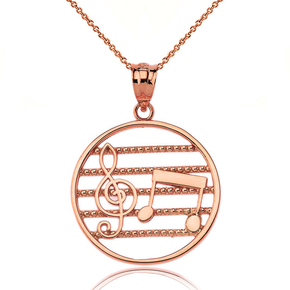 Solid Rose Gold Music Notes Circle Pendant Necklace
