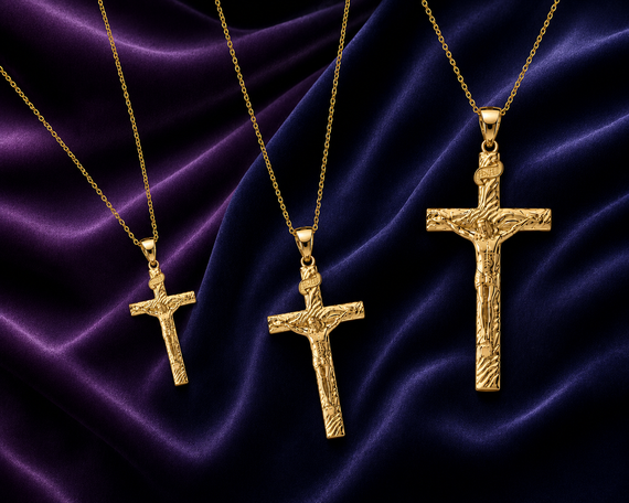 Gold Crucifix Pendant Jesus Cross Necklace (1.66") (Available in Two-Tone Gold, Yellow Gold, Rose Gold, White Gold)