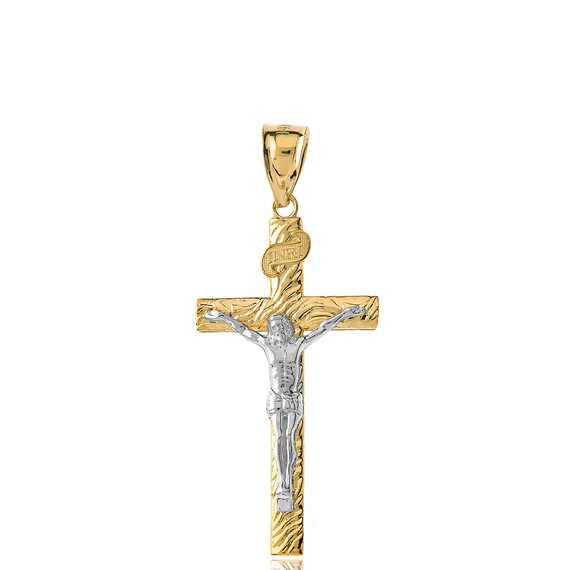 Solid Two Tone Yellow Gold INRI Jesus of Nazareth Crucifix with Wooden Texture Pendant Necklace (Large)