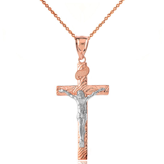 Solid Two Tone Rose Gold INRI Jesus of Nazareth Crucifix with Wooden Texture Pendant Necklace (Large)