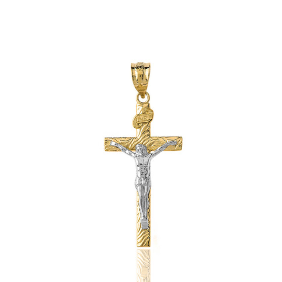 Solid Two Tone Yellow Gold INRI Jesus of Nazareth Crucifix with Wooden Texture Pendant Necklace (Medium)