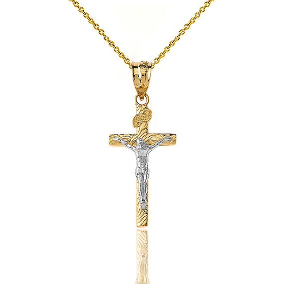 Solid Two Tone Yellow Gold INRI Jesus of Nazareth Crucifix with Wooden Texture Pendant Necklace (Small)