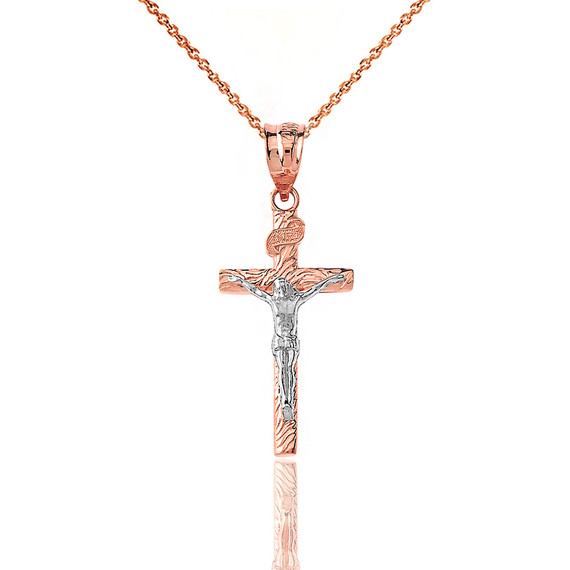 Solid Two Tone Rose Gold INRI Jesus of Nazareth Crucifix with Wooden Texture Pendant Necklace (Small)