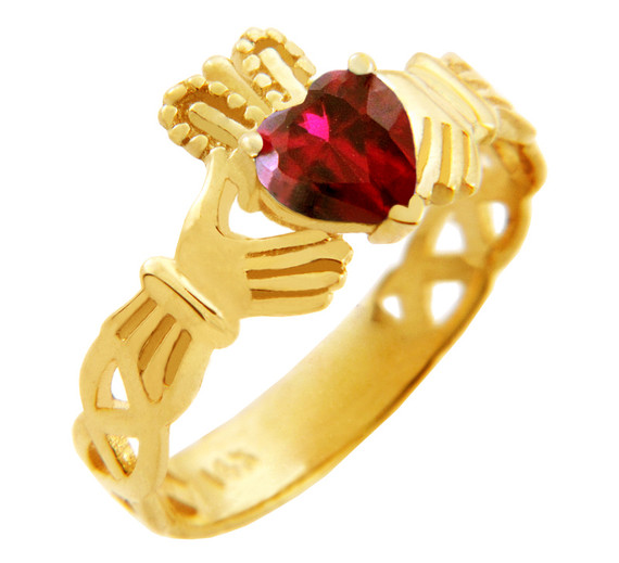 Gold Claddagh Trinity Band Ring with Garnet Birthstone.  Available in your choice of 14k or 10k gold.