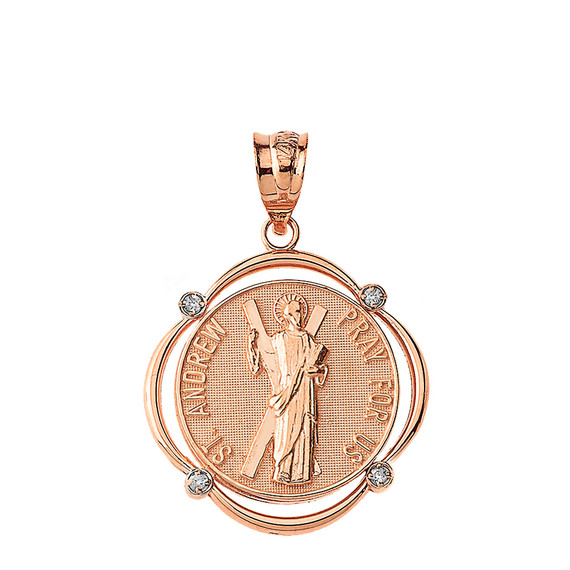 Solid Rose Gold Saint Andrew Pray For Us Diamond Circular Frame Pendant Necklace