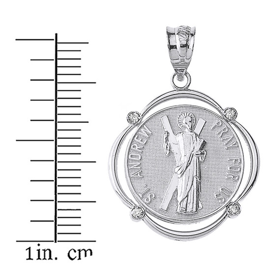 Solid White Gold Saint Andrew Pray For Us Diamond Circular Frame Pendant Necklace