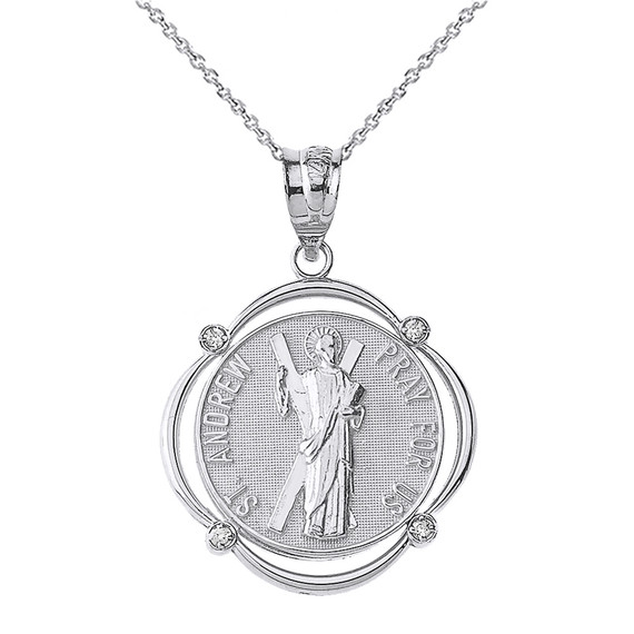 Sterling Silver Saint Andrew  Pray For Us CZ Circular Frame Pendant Necklace