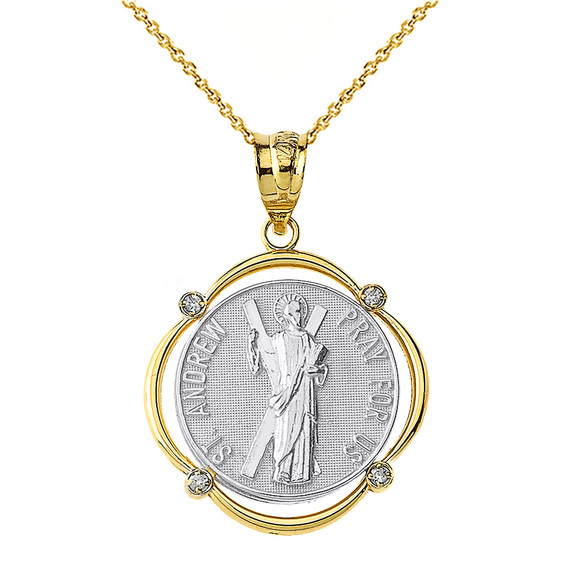 Solid Two Tone Yellow Gold Saint Andrew Pray For Us Diamond Circular Frame Pendant Necklace