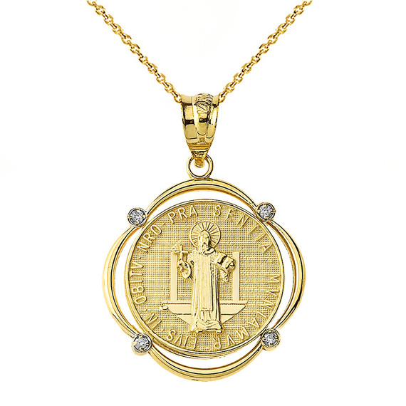 Solid White Gold Saint Benito Diamond Circular Frame Pendant Necklace