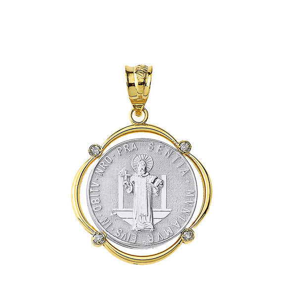 Two Tone Yellow Gold Saint Benito Diamond Circular Frame Pendant Necklace