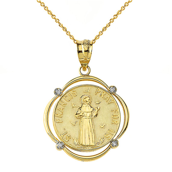 Solid Yellow Gold Saint Francis Pray For Us Diamond Circular Frame Pendant Necklace