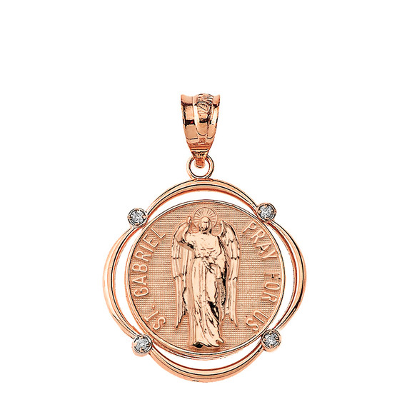 Solid Rose Gold Saint Gabriel Pray For Us Diamond Circular Frame Pendant Necklace