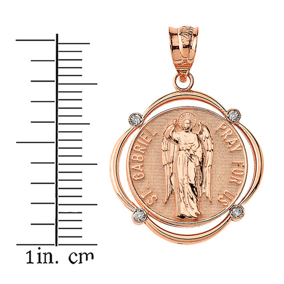 Solid Rose Gold Saint Gabriel Pray For Us Diamond Circular Frame Pendant Necklace