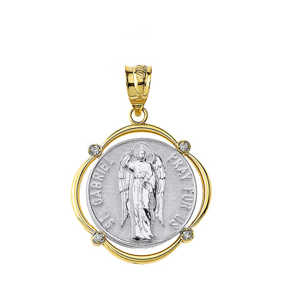 Solid Two Tone Yellow Gold Saint Gabriel Pray For Us Diamond Circular Frame Pendant Necklace