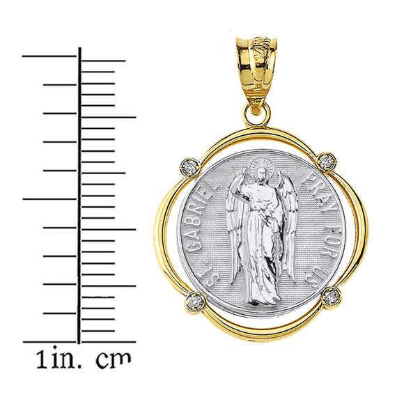 Solid Two Tone Yellow Gold Saint Gabriel Pray For Us Diamond Circular Frame Pendant Necklace