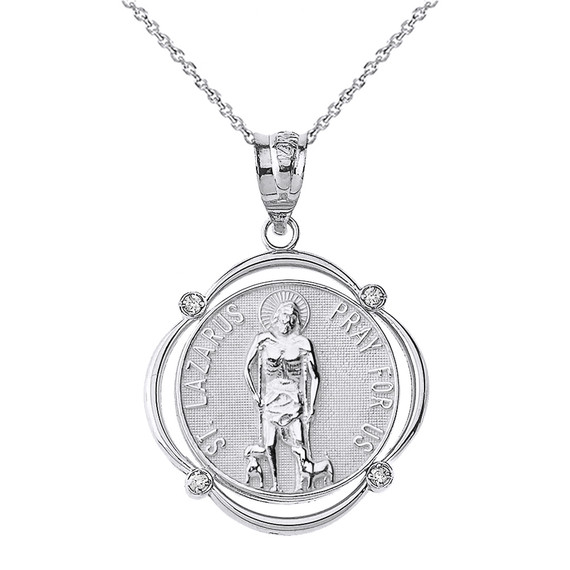Sterling Silver Saint Lazarus Pray For Us CZ Circular Frame Pendant Necklace