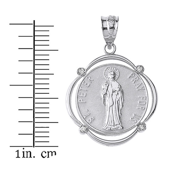 Sterling Silver Saint Peter Pray For Us CZ Circular Frame Pendant Necklace