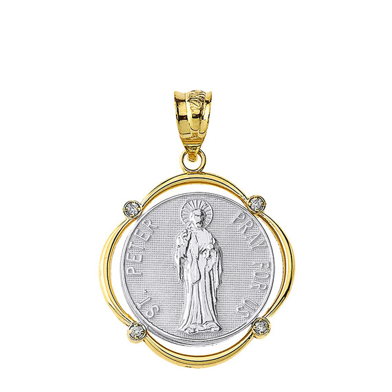 Solid Two Tone Yellow Gold Saint Peter Pray For Us Diamond Circular Frame Pendant Necklace