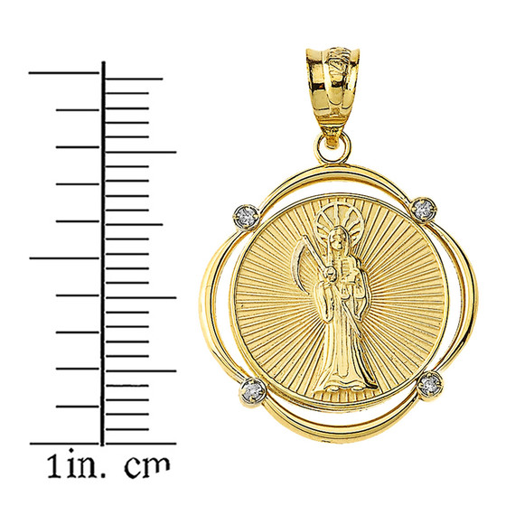 Solid Yellow Gold Santa Muerte Diamond Circular Frame Pendant Necklace