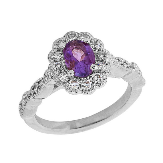 Vintage Style Genuine Amethyst Stone Ring in Sterling Silver