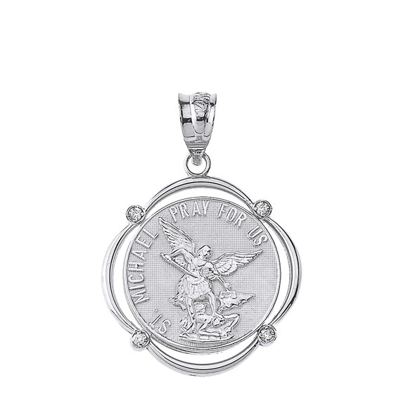 Solid White Gold Saint Michael Pray For Us Diamond Circular Frame Pendant Necklace