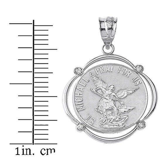 Sterling Silver Saint Michael Pray For Us CZ Circular Frame Pendant Necklace