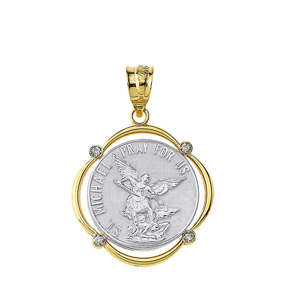 Solid Two Tone Yellow Gold Saint Michael Pray For Us Diamond Circular Frame Pendant Necklace