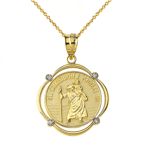 Solid Yellow Gold Saint Christopher Protect Us Diamond Circular Frame Pendant Necklace