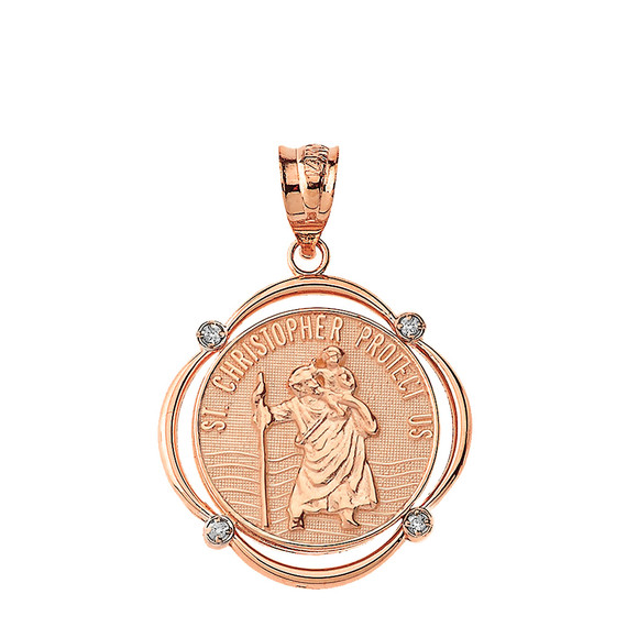 Solid Rose Gold Saint Christopher Protect Us Diamond Circular Frame Pendant Necklace