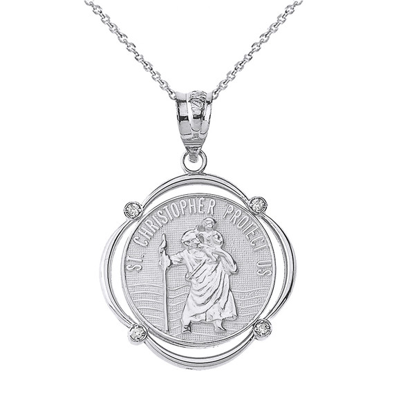 Sterling Silver Saint Christopher Protect Us CZ Circular Frame Pendant Necklace