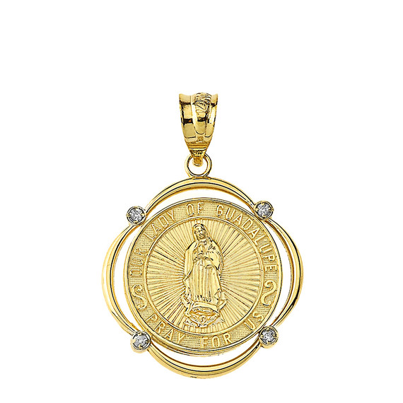 Solid Yellow Gold Our Lady of Guadalupe Pray For Us Diamond Circular Frame Pendant Necklace