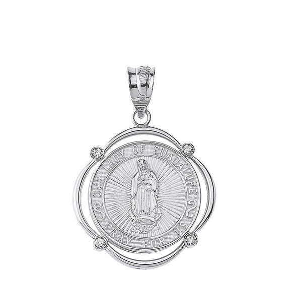 Solid White Gold Our Lady of Guadalupe Pray For Us Diamond Circular Frame Pendant Necklace