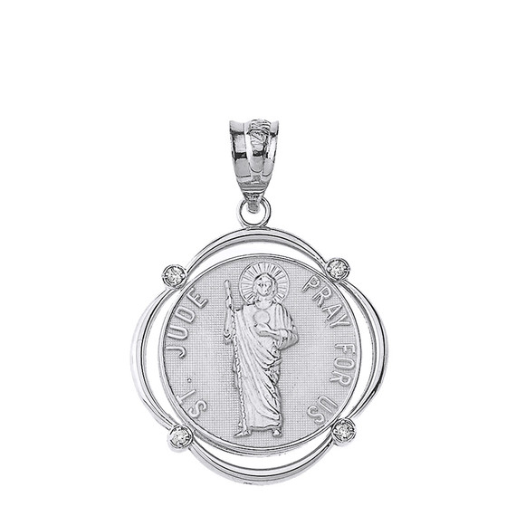 Solid White Gold Saint Jude Pray For Us Diamond Circular Frame Pendant Necklace