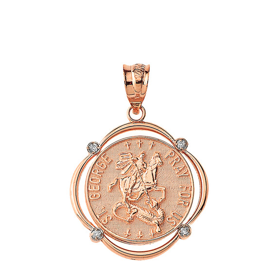 Solid Rose Gold Saint George Pray For Us Diamond Circular Frame Pendant Necklace