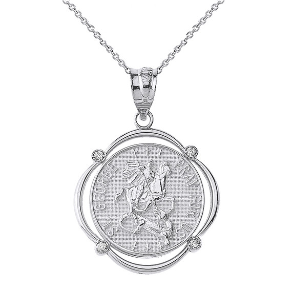 Solid White Gold Saint George Pray For Us Diamond Circular Frame Pendant Necklace