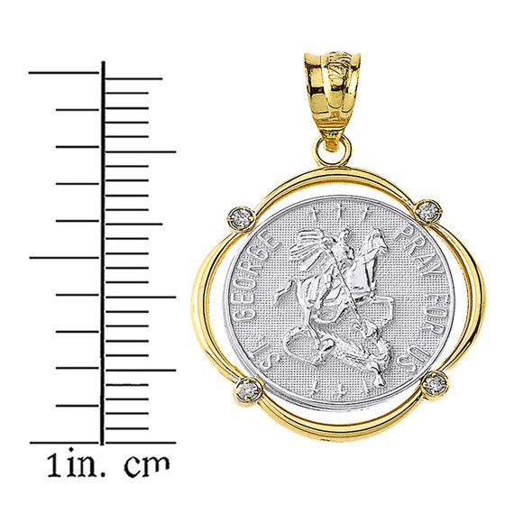 Solid Two Tone Yellow Gold Saint George Pray For Us Diamond Circular Frame Pendant Necklace