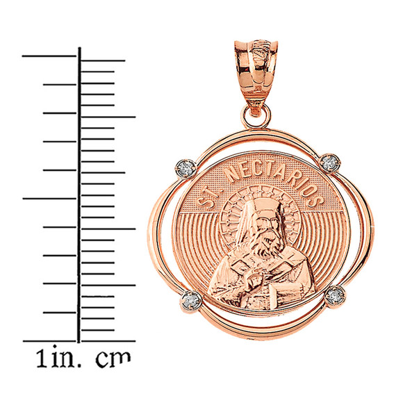 Solid Rose Gold Saint Nectarios Diamond Circular Frame Pendant Necklace