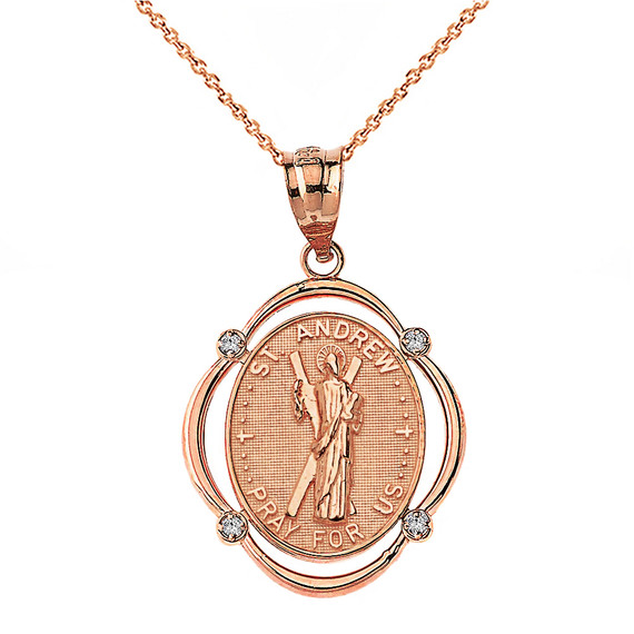Solid Rose Gold Saint Andrew Pray For Us Diamond Oval Frame Pendant Necklace
