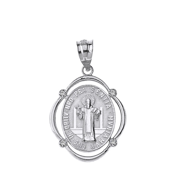 Solid White Gold Saint Benito Diamond Oval Frame Pendant Necklace