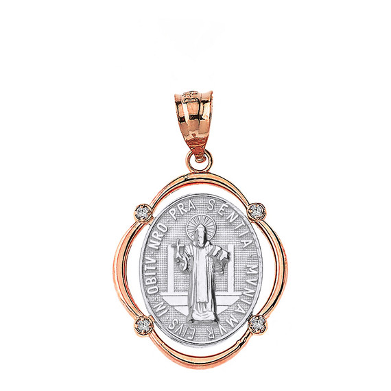 Solid Two Tone Rose Gold Saint Benito Diamond Oval Frame Pendant Necklace