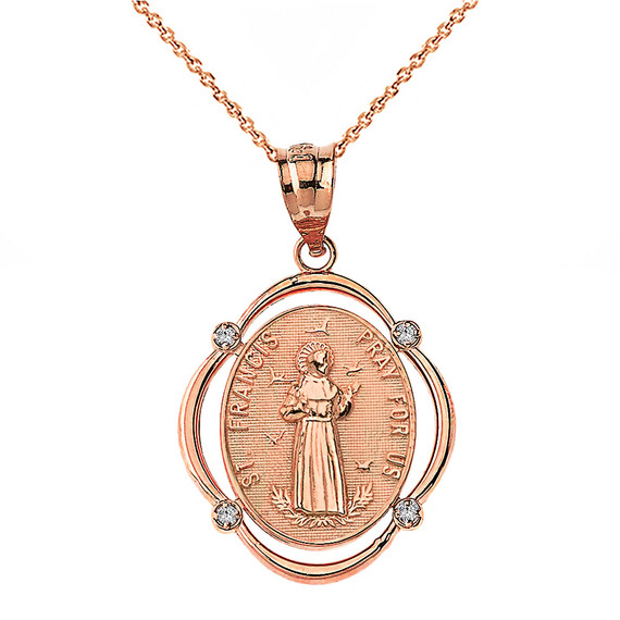 Solid Rose Gold Saint Francis Pray For Us Diamond Oval Frame Pendant Necklace