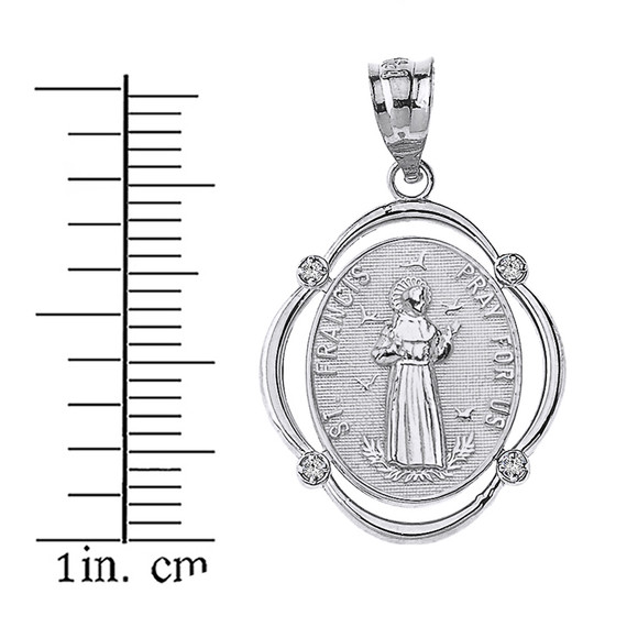 Sterling Silver Saint Francis Pray For Us CZ Oval Frame Pendant Necklace